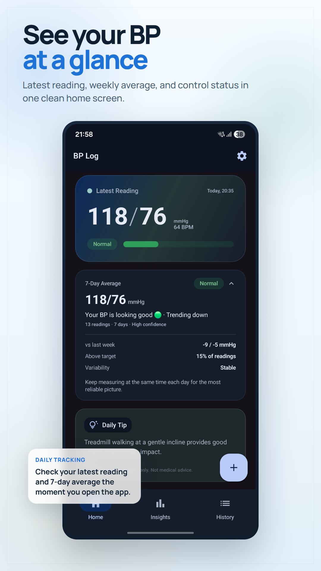 BP Log home screen showing dashboard with recent readings and 7-day average
