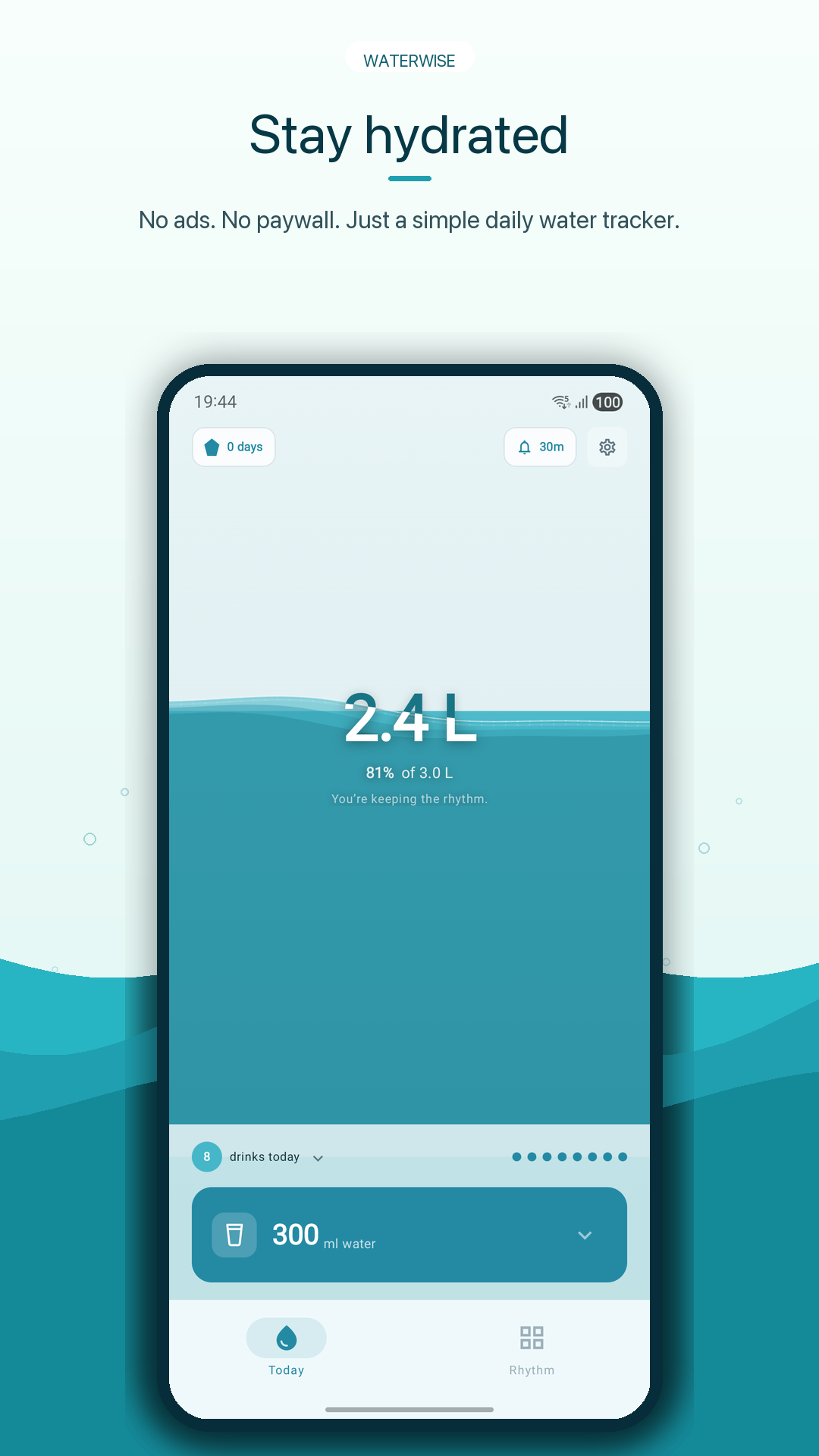 WaterWise home screen with daily progress and hydration goal